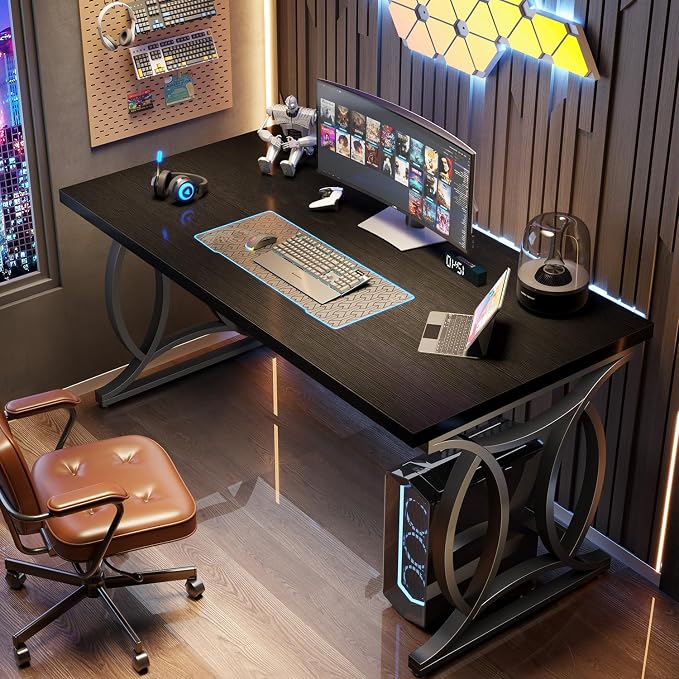 HSH Black Home Office Desk, 55 Inch Metal Wood Computer Desk, Simple Modern Study Executive Desk for Work Writing, Modern Student Gaming Computer PC Table for Bedroom Living Room,Blach Oak