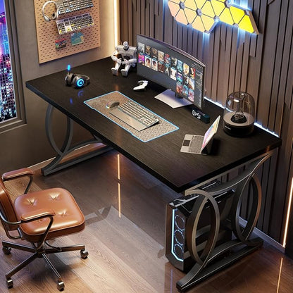 HSH Black Home Office Desk, 55 Inch Metal Wood Computer Desk, Simple Modern Study Executive Desk for Work Writing, Modern Student Gaming Computer PC Table for Bedroom Living Room,Blach Oak