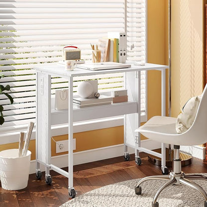 CHOEZON Folding Desk with Power Outlets, 31.5" Rolling Computer Table with Wheels, Portable Office Desk with Storage Shelf for Small Spaces White TDN01UWB