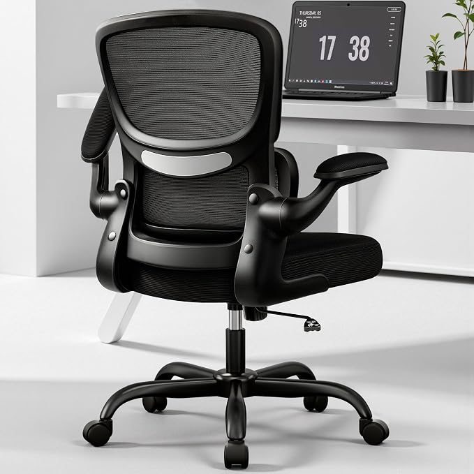 BESTFAIR Ergonomic Mesh Office Chair, Breathable Mesh Computer Desk Chair, Adjustable Lumbar Support, Flip-up Armrests, Executive Swivel Chair for Home Office, Black