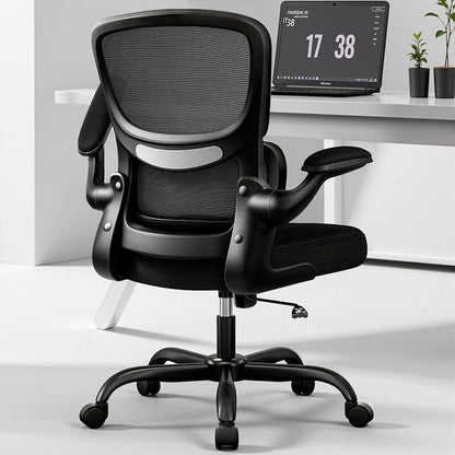 BESTFAIR Ergonomic Mesh Office Chair, Breathable Mesh Computer Desk Chair, Adjustable Lumbar Support, Flip-up Armrests, Executive Swivel Chair for Home Office, Black