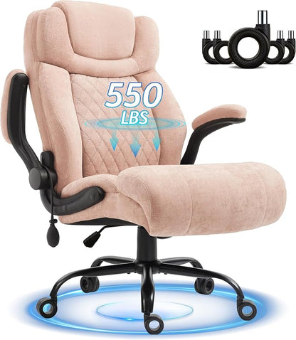 Office Chair, Big and Tall Executive Chairs with Lumbar Support for Back Pain, Breathable Fabric Desk Computer Chair with Adjustable Flip-up Armrests,Wide Cushion Swivel Home Office Chair Black,Pink