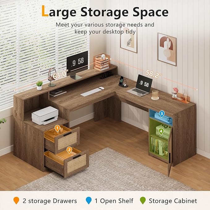 YOMILUVE 63" Farmhouse L Shaped Executive Desk with Drawers & Storage Shelf, Corner Rattan Computer Desk with Power Outlets, L Shaped Office Desk with Monitor Stand, Printer Shelf