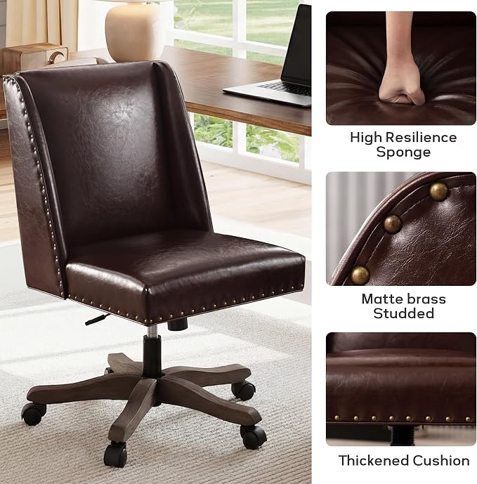 Zihanhome Armless Home Office Chair with Wooden Legs, Modern Leather Upholstered Office Desk Chair No Arms Sewing Chair Adjustable Swivel Desk Chair for Farmhouse Office Study Studio, Reddish