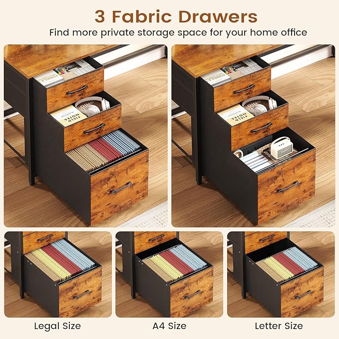 SEDETA L Shaped Desk with Hutch and 3 Drawers, Convertible 94.5" Computer Desk with File Drawer, L Shaped Office Desk with Power Outlet, LED Lights, Storage and Pegboard for Home Office, Brown