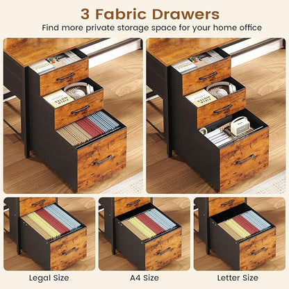 SEDETA L Shaped Desk with Hutch and 3 Drawers, Convertible 94.5" Computer Desk with File Drawer, L Shaped Office Desk with Power Outlet, LED Lights, Storage and Pegboard for Home Office, Brown