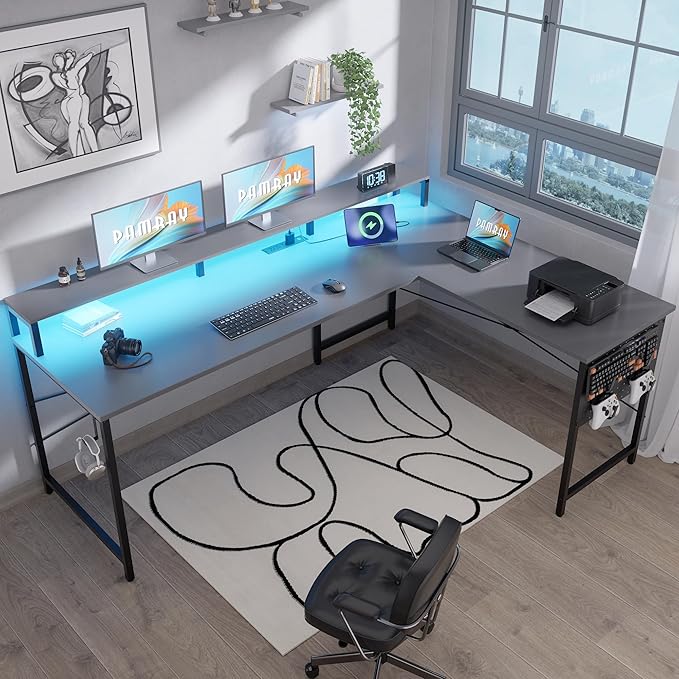 Pamray 64 Inch L Shaped Gaming Desk with Power Outlets and Led Lights, Large Corner Computer Desk with Monitor Stand and Pegboard, PC Table for Home Office and Bedroom Grey