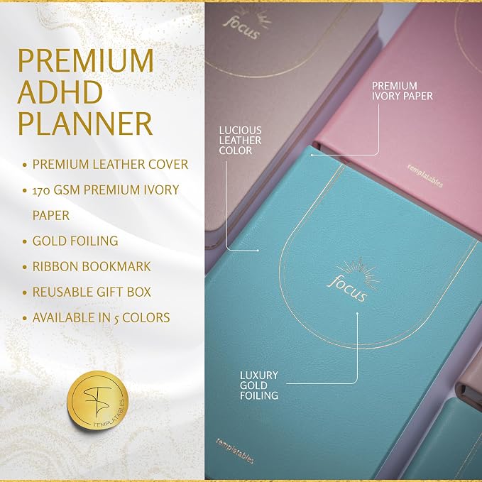 ADHD Daily Planner for Neurodivergent Adults – Premium Leather Productivity & Task Management Planner with Guided Focus Pages, 170gsm Paper, Gold Foiling & Gift Box – Undated | A5 (Teal)