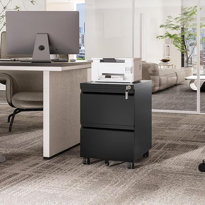 Fesbos 2 Drawers Vertical File Cabinet - Fully Assembled Black Under Desk Mobile Filling Cabinet Small Lockable Home Office File Cabinets for A4/Letter/Legal Size