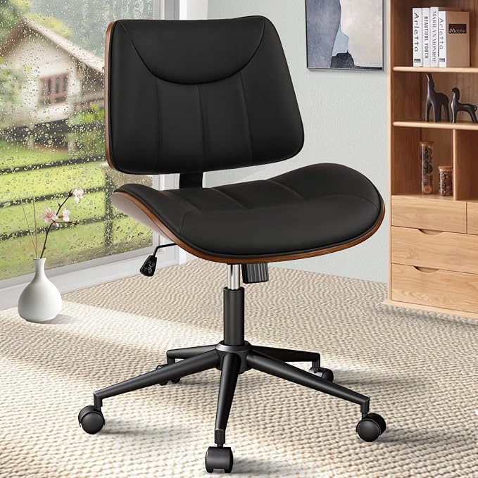 CLATINA Office Chair Armless with Wheels, Mid-Century Modern Walnut Desk Chair, Adjustable Height Reading Chair, PU Leather Mid Back & Swivel Computer Chairs for Home Meeting Room Bedroom, Black(1 PK)