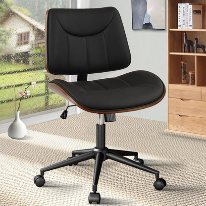 CLATINA Office Chair Armless with Wheels, Mid-Century Modern Walnut Desk Chair, Adjustable Height Reading Chair, PU Leather Mid Back & Swivel Computer Chairs for Home Meeting Room Bedroom, Black(1 PK)