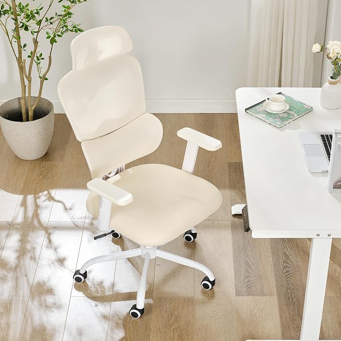 Ergonomic Office Chair,Home Mesh Office Desk Chairs,High Back Office Chair 330 LBS,Swivel Computer Chair with 2D Armrest,Adjustable Headrest,Lumbar Support,Rocking Function (Beige)