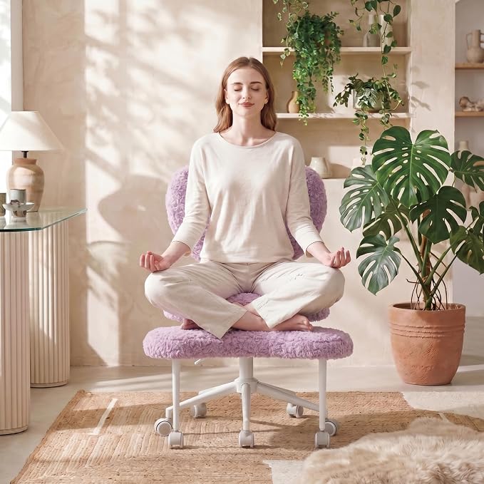 Cross Legged Office Chair with Wheels, 360 Swivel Height-Adjustable Meditation Chair with Lumbar Support, Artificial Rabbit Hair Fabric, Violet