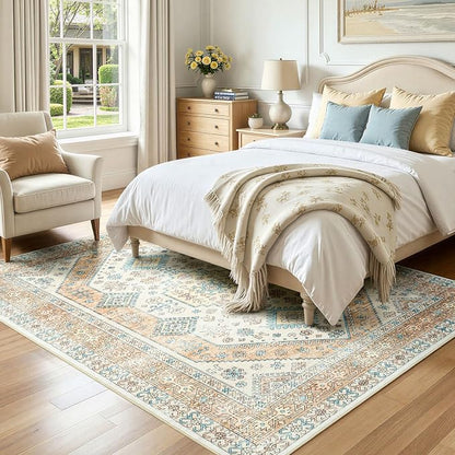 Lofus Vintage Living Room Rugs 5x7, Soft Machine Washable Area Rug for Bedroom Indoor Floor Home Office House Decor, Oriental Traditional Distressed Farmhouse Carpet, Boho Beige and Orange