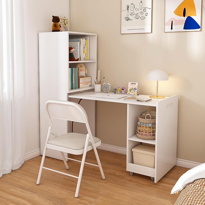 49.6" Foldable Desk with Storage Shelves, Fold Out Convertible Hidden Murphy Computer Desk, Multi-Function Folding Writing Table for Small Spaces, Apartment (White)