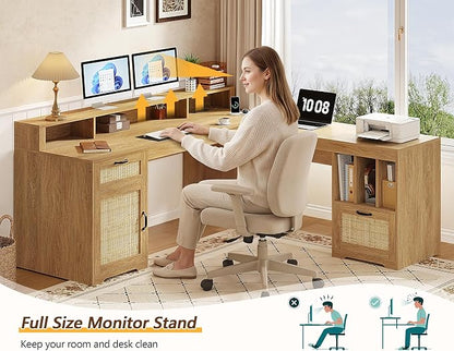 YOMILUVE 63" L Shaped Desk with Drawers, Farmhouse Corner Computer Desk with Power Outlets, Storage Cabinet, Home Office Executive Desk with Long Monitor Stand, Oak/Rattan