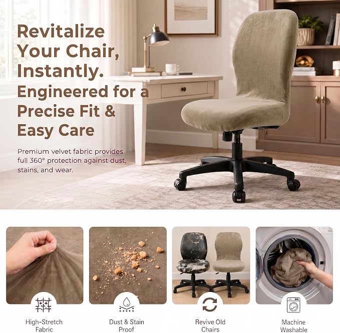 Deisy Dee Velvet Stretch Armless Office Chair Covers - Colorful Stretch Slipcover for Desk Chairs (Khaki)