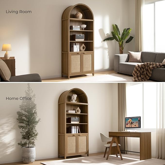 SICOTAS Book Shelf Arched Cabinet Bookshelf Arch 84.2" Tall Bookcase 5 Tier Large Bookshelves with Doors Storage Rattan Boho Wide Book Shelves Case for Living Room Kitchen Office Library