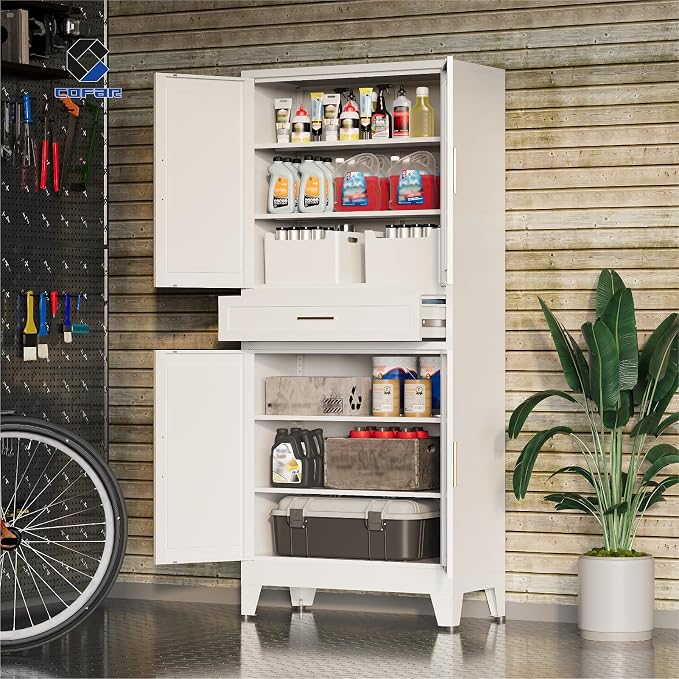COFaR 71 in Tall Kitchen Pantry Cabinet with Drawer, Metal Pantry Storage Cabinet with 4 Adjustable Shelves and 4 Barn Doors, White Freestanding Farmhouse Food Cupboard for Dining Room