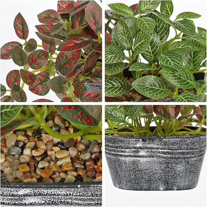 Artificial Plants Indoor 5.9" Faux Plant in Metal Pot, Small Fake Potted Plants with 2 Mixed Leaves Greenery Silk Plant for Living Room Desk Office Table Kitchen Farmhouse Shelf Home Vintage Decor