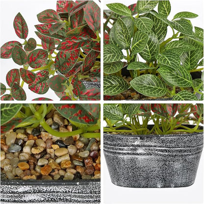 Artificial Plants Indoor 5.9" Faux Plant in Metal Pot, Small Fake Potted Plants with 2 Mixed Leaves Greenery Silk Plant for Living Room Desk Office Table Kitchen Farmhouse Shelf Home Vintage Decor