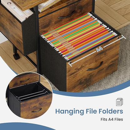 DUMOS 2 Drawer Mobile File Cabinet, Rolling Printer Stand with 24'' Wide Desktop, Fabric Drawer Cabinet Under Desk Fits A4 Size, Printer Cart with Storage Side Bag for Home Office, Rustic Brown