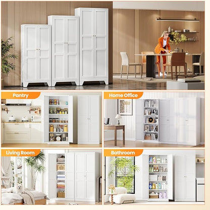 71" Tall Kitchen Pantry Storage Cabinet with 2 Doors and 5 Adjustable Shelve, Metal White Food Pantry Cabinet, Kitchen Cabinet Storage Unit,6 Tier Freestanding Cupboard for Kitchen Dining/Living Room