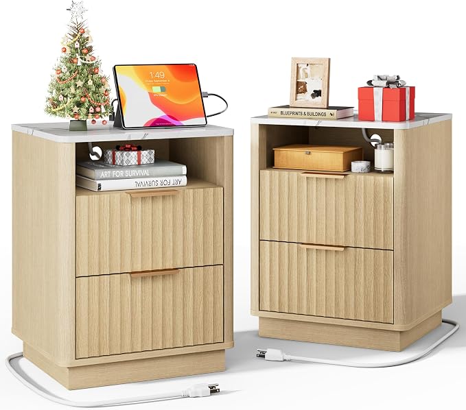 Fluted Nightstand, Night Stand Set 2, Nightstands Set of 2 with Charging Station and Faux Marble Top, 2 Drawers End Table w/Storage, Modern Bedside Table for Bedroom Living Room,Natural Oak