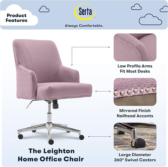 Serta Leighton Home Office Desk Chair, Mid-Back with Chrome Nailheads, Memory Foam Cushion and Padded Arms, Modern Makeup Vanity Armchair with Wheels, Swivel Base, Bonded Leather, Lilac Purple