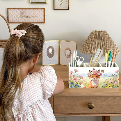 Fox Pen Pencil Holder for Desk Accessories, Fox Gifts for Women, Animal Lovers Gifts, Rustic Butterfly Flower Wild Animal Wooden Box Sign Decorations for Kids Room Home Office Desk Tabletop