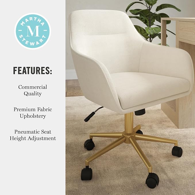 Martha Stewart Rayna Swivel Task Chair with Flared Arms for Home Office in Off White Fabric with Polished Brass Frame