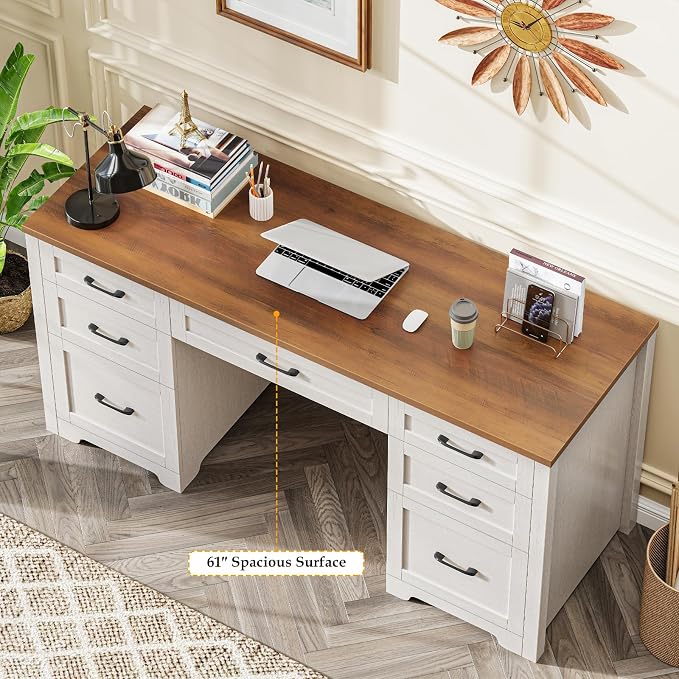 Vabches Farmhouse 61'' Executive Desk with 7 Drawers, Rustic Office Desk Computer Table with File Drawers, Wood Workstation for Study and Home Office,Unique White