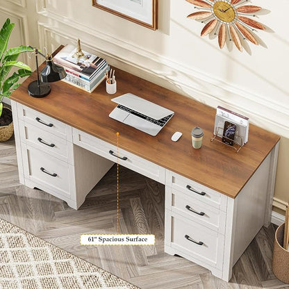 Vabches Farmhouse 61'' Executive Desk with 7 Drawers, Rustic Office Desk Computer Table with File Drawers, Wood Workstation for Study and Home Office,Unique White