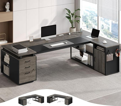 78" Executive Desk with Lockable File Cabinet, L Shaped Office Desk with Power Outlets, Large Executive Desk with Drawers and Storage Shelves , Reversible Computer Desk with Privacy Screen, Grey