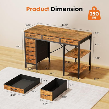 OLIXIS Computer desk with 6 Drawers, 47 inch Office workstation with Storage Shelves, Reversible Gaming setup, Corner table with Storage Drawers, Work for Home Office, Study, Living Room, Rustic Brown