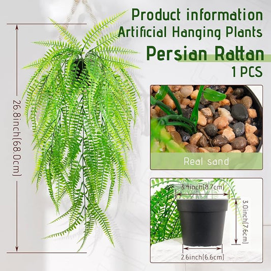 Small Artificial Hanging Plant for Shelf Fake Plant Potted Boston Ferns Faux Trailing Leaves Plant for Indoor Outdoor Aesthetic Office Living Room Shelf Decor (Black Pot)