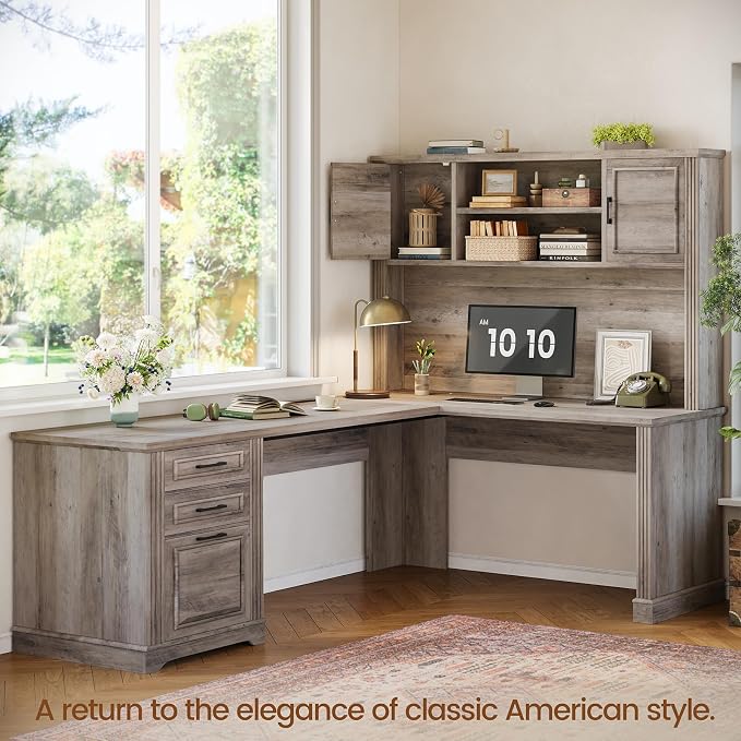 Itaar Farmhouse 68.9" L Shaped Desk with Hutch, Executive Home Office Desk with File Drawer and Power Outlet, Computer Corner Desk with Storage Cabinet, Workstation for Office Home,Grey