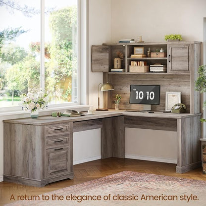 Itaar Farmhouse 68.9" L Shaped Desk with Hutch, Executive Home Office Desk with File Drawer and Power Outlet, Computer Corner Desk with Storage Cabinet, Workstation for Office Home,Grey