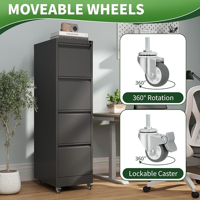 4 Drawer Mobile File Cabinet, Under Desk File Cabinet,Metal Filing Cabinets with Lock for Home Office Organizer Letter/Legal/A4,Require Assembly (Black)