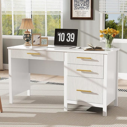 Modern Executive Desk with Drawers: 54 Inch White Home Office Desks with File Drawer, Wood Fluted Desk with Storage, Writing Computer Desks with 4 Drawers