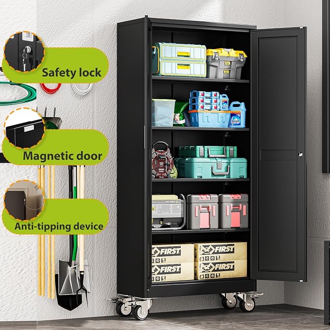 Metal Garage Storage Cabinet with Wheels, 70.9" H x 29.9" W x 15" D, Lockable Rolling Steel Tool Cabinet with Adjustable Shelves, Heavy Duty Garage Cabinet for Workshop, Basement, Home, Black