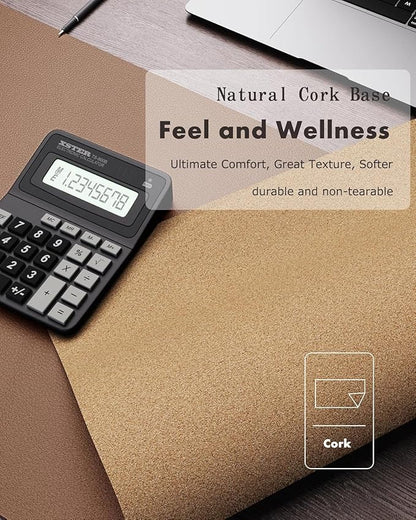 YSAGi Double-Sided Desk Pad, 35.4"x17"Leather Desk Mat, Eco Cork Desk Pad Protector,Large Mouse Pad,Waterproof Desk Blotter for Office/Home(Coffee)