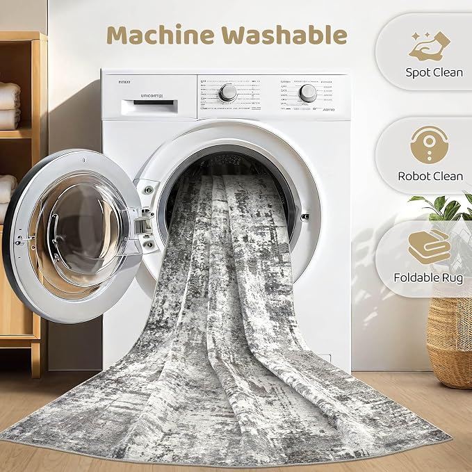 Area Rugs 9x12 Living Room: Washable Large Abstract Neutral Modern Soft Gray Rug Stain Resistant Indoor Floor Non-Slip Accent Carpet for Bedroom Nursery Playroom Office Dining Room Home Decor