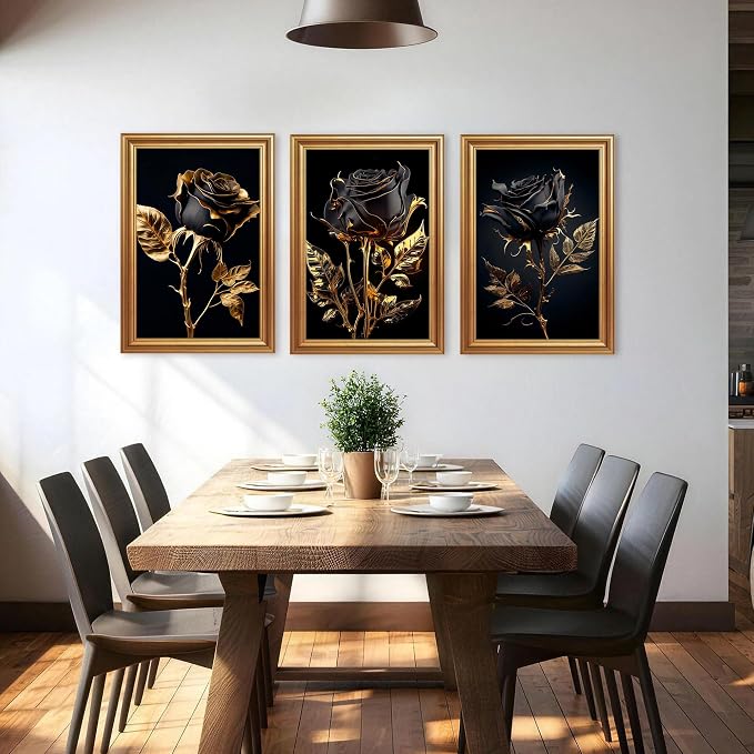 ICHZUMW Black and Gold Wall Decor, Gold Framed Glam Rose Canvas Wall Art, Set of 3 Ready to Hang Fade Resistant Floral Prints with Moody Dark Academia Aesthetic for Bedroom Living Room, 16x24 Inches