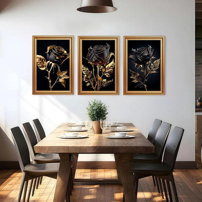 ICHZUMW Black and Gold Wall Decor, Gold Framed Glam Rose Canvas Wall Art, Set of 3 Ready to Hang Fade Resistant Floral Prints with Moody Dark Academia Aesthetic for Bedroom Living Room, 16x24 Inches