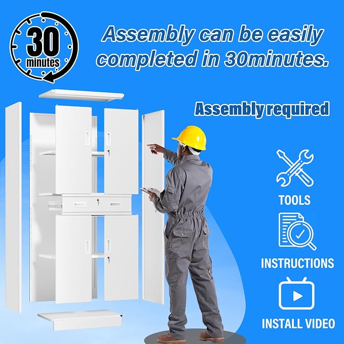 BESFUR Metal Storage Cabinet with 1 Drawer and Adjustable Shelves, 71" H Reinforced Heavy Duty Locking Storage Cabinet for Office, Garage, Home, School, Utility(White)