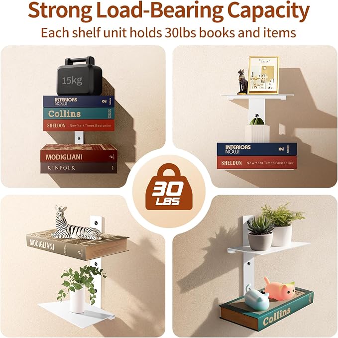 Professional Invisible Floating Book Shelves for Wall, 4 Tier Vertical Spine Book Tower Hanging Bookshelves, Wall Mounted & Space Saving, Heavy Duty Metal Book Organizer for Home Office, 2 Pack White