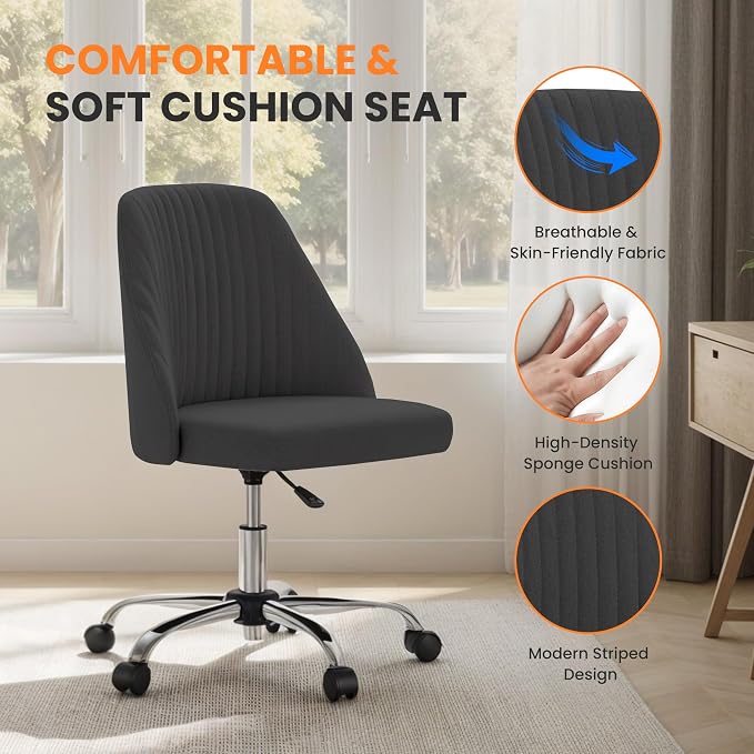Simple Deluxe Armless Office Desk Chair, Modern Cute Swivel Vanity Chair Comfy Home Office Chairs with Wheels Height Adjustable Rolling Computer Task for Living Room, Make-up, Bedroom, Dark Grey