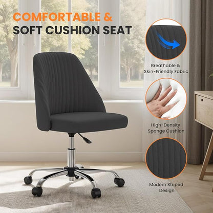 Simple Deluxe Armless Office Desk Chair, Modern Cute Swivel Vanity Chair Comfy Home Office Chairs with Wheels Height Adjustable Rolling Computer Task for Living Room, Make-up, Bedroom, Dark Grey