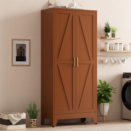 Brown Metal Storage Cabinet,71" Tall Farmhouse Storage Cabinets with 2 Morden Rhombus Doors and 4 Adjustable Shelves, Rustic Freestanding Cupboard for Kitchen,Home Office Living Room,Dining Room